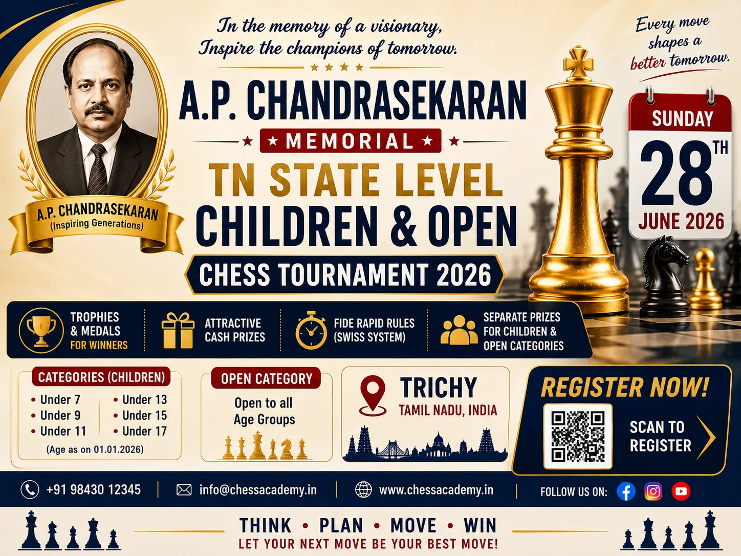 A.P. Chandrasekaran Memorial TN State Level Children & Open Chess Tournament 2026 - Chess Tournament event in Trichy, Tamil Nadu