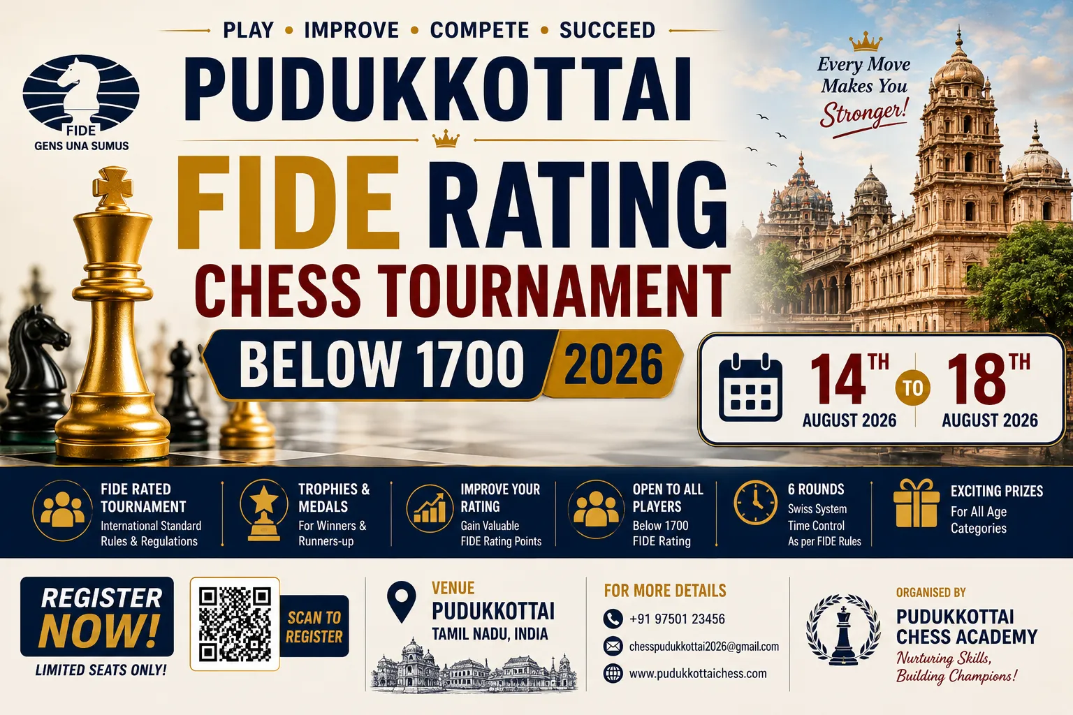 Pudukkottai FIDE Rating Chess Tournament Below 1700 2026 - FIDE Rated Chess Tournament event in Trichy, Tamil Nadu